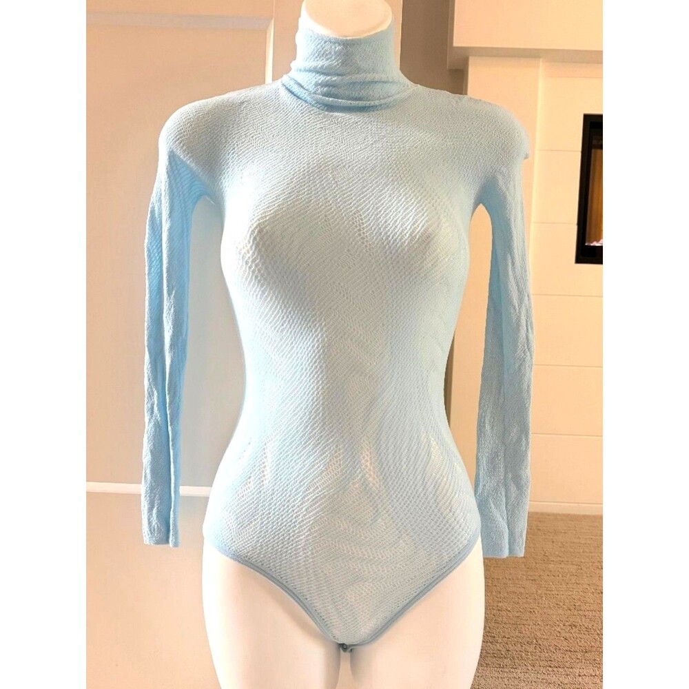 WOLFORD Stunning Aqua Blue Open Knit Bodysuit Sz M NWT $400!!
